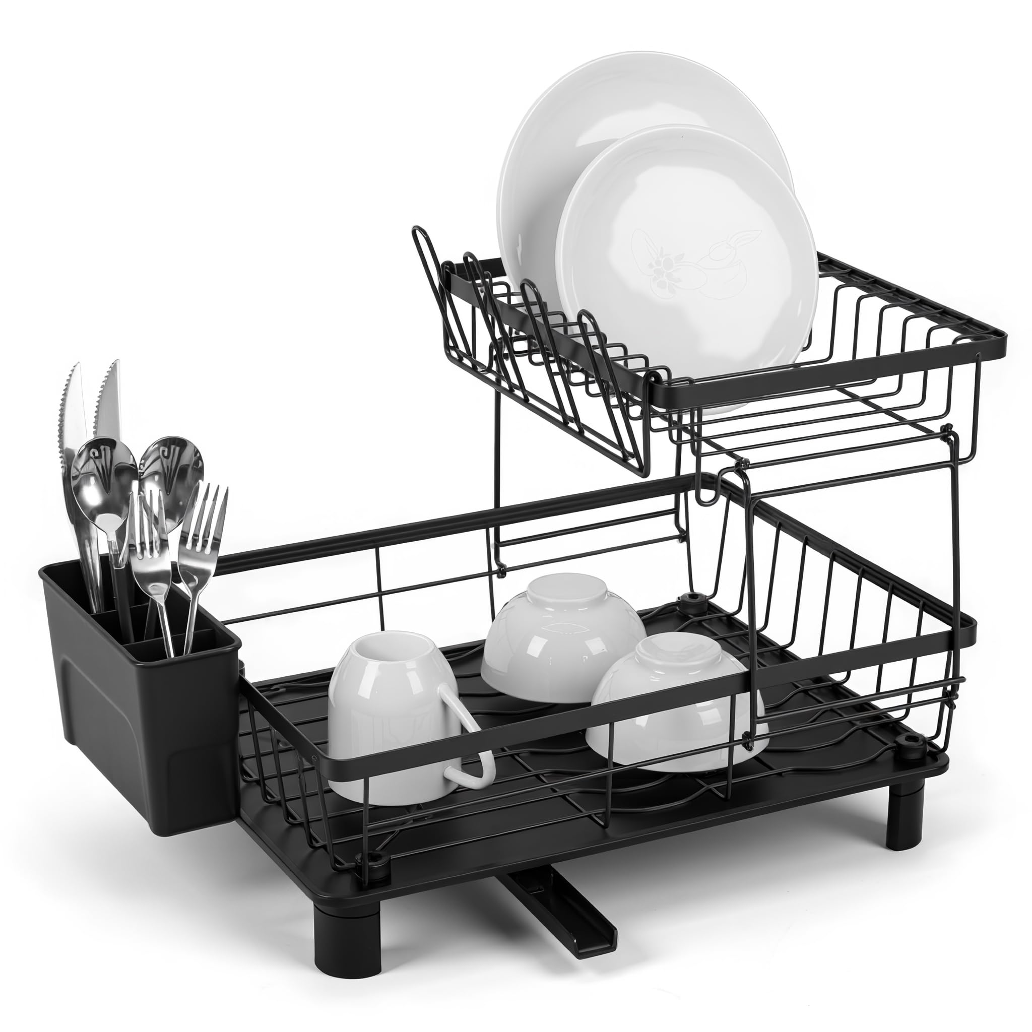 Theo&Cleo Escurreplatos para Vajilla, Escurreplatos de 2 Niveles, Portaplatos con Salida Giratoria de 360° y Bandeja Escurridora, Ahorrador de Espacio para la Cocina (Negro-L)