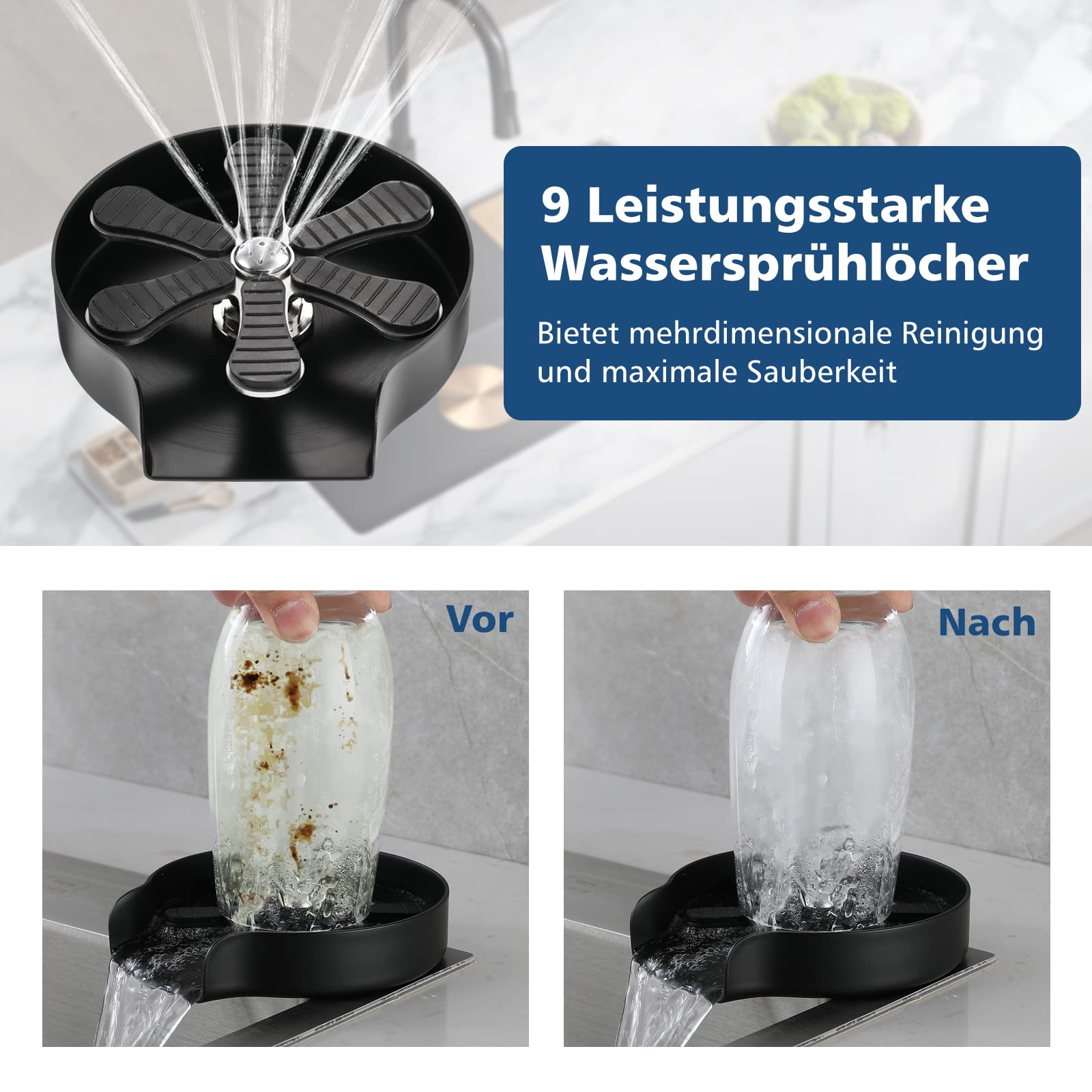 Lavavajillas de acero inoxidable, fregadero automático Dyna-Living Lavabo de vidrio, lavamanchas de botellas de copa, fregadero de cristal integrado para fregadero de cocina bar hogar (negro)