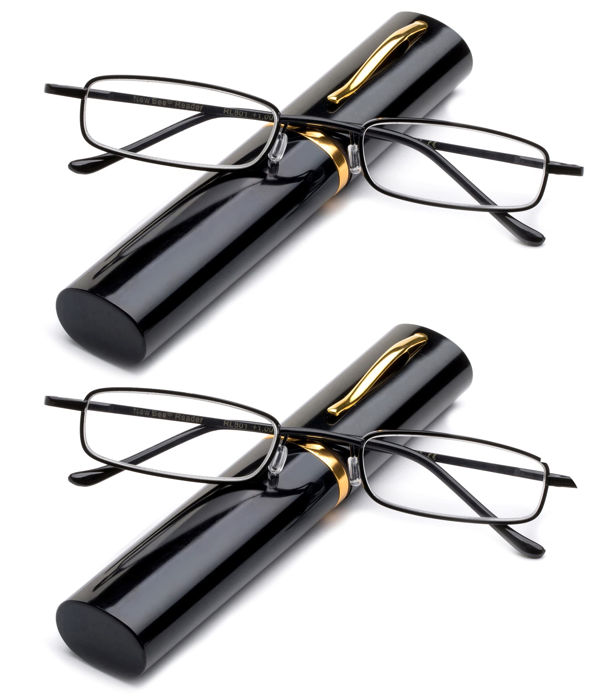 Newbee Fashion -"Pocket" Readers Ultra Compact Spring Temple Reading Glasses w/Portable Pocket Clip Aluminum Case