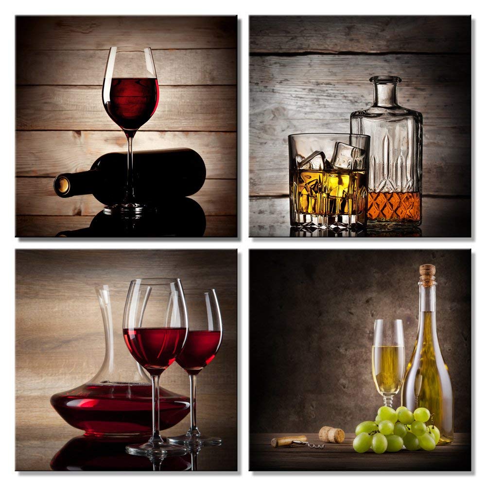 Cuadros de vino tinto para sala de estar en 4 paneles de lienzo modernos 7