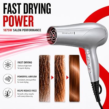 Remington Damage Protection Hair Dryer with Ceramic Ionic Tourmaline Technology, Grey, Diffuser and Concentrator, 3 Piece Set