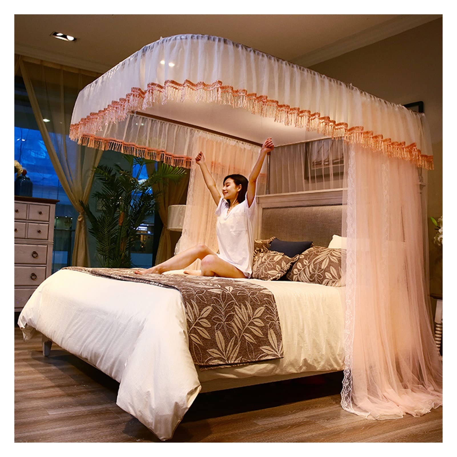 GJMSSMY 4 Corners Post Canopy Bed Curtain, with Cozy Drape Square Netting, 3 Opening Mosquito Net, Princess Bedroom Decoration (Color : Jade color, Size : 120 * 200cm)