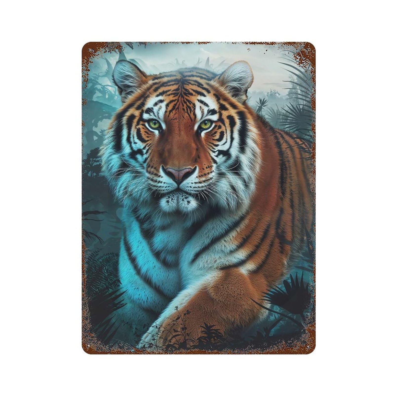 Rust Effect Tiger in Jungle Rusty Metal Tin Sign 15.7"x11.8", Rustic Home Decor for Living Room, Hallway And Home Decor