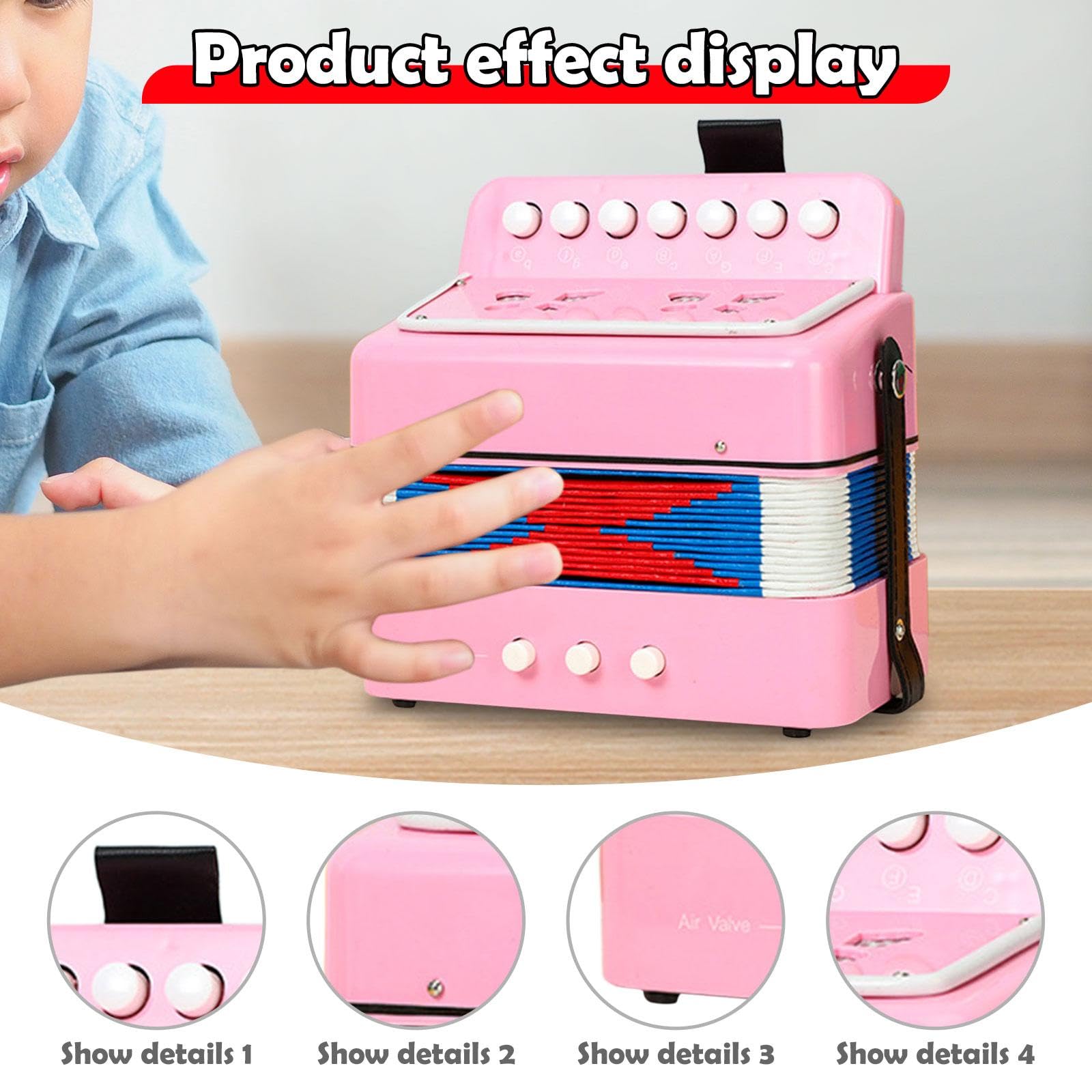 Oshhni Acordeón infantil de 7 teclas, instrumento musical ligero para entretenimiento musical, acordeón de juguete para niños, botón de 7 teclas para, Rosa