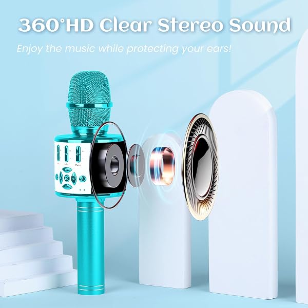 BONAOK Karaoke, microfono wireless per bambini, 4 in 1, microfono per karaoke, microfono per bambini per cantare senza fili per casa, feste, compatibile con Android (blu) - 3