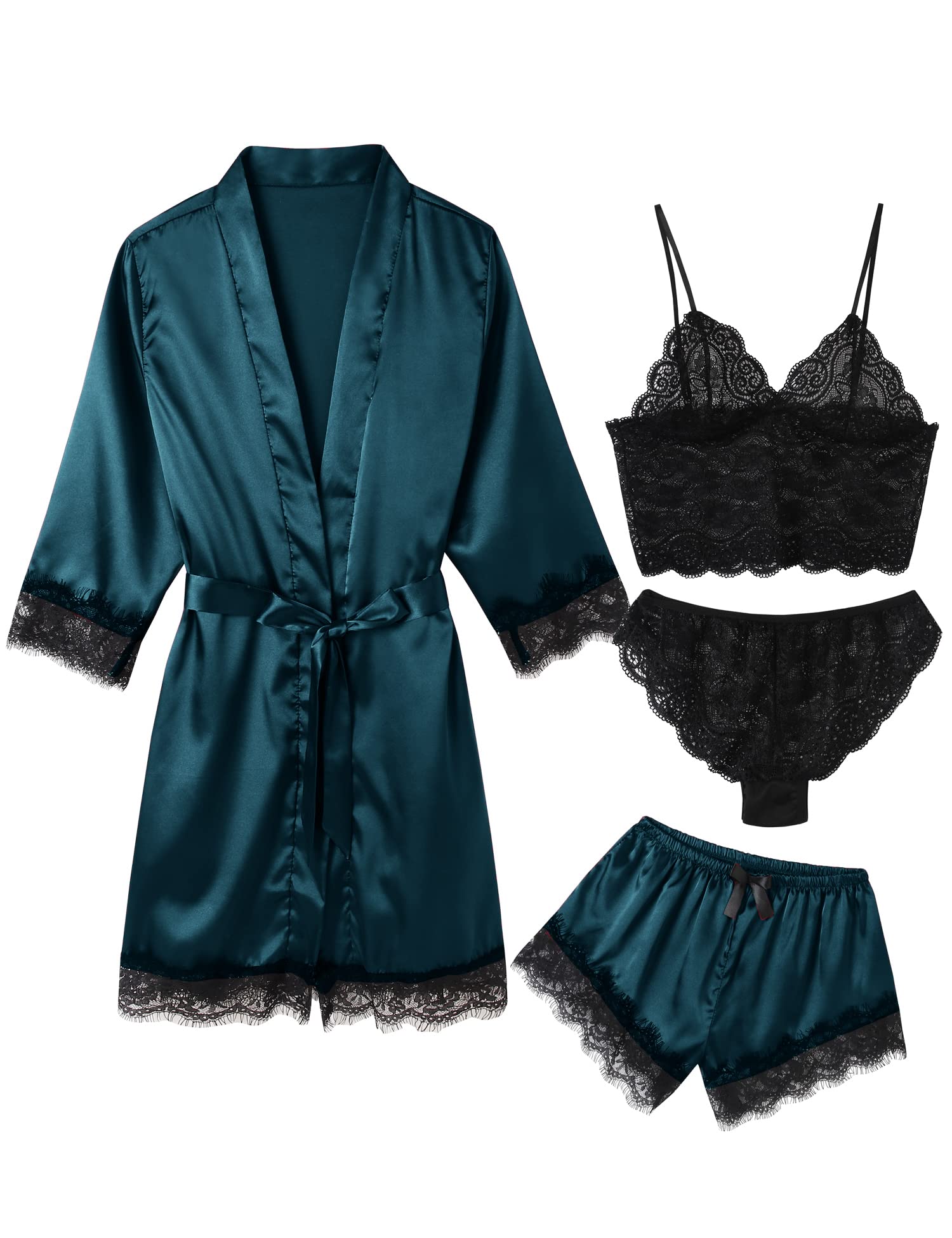 Women's Pajama Satin Sexy Lingerie Robe Set 4 Piece Silk Lace Pjs
