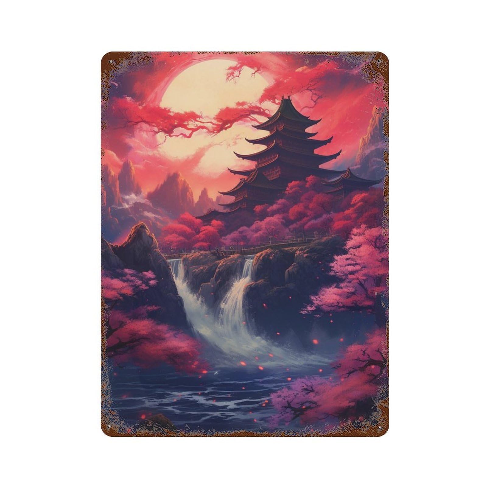 Cherry Blossom Pagoda Sunset Vintage Rust Metal Sign 15.7"x11.8", Ideal for Bistro, Counter And Cafe Decor