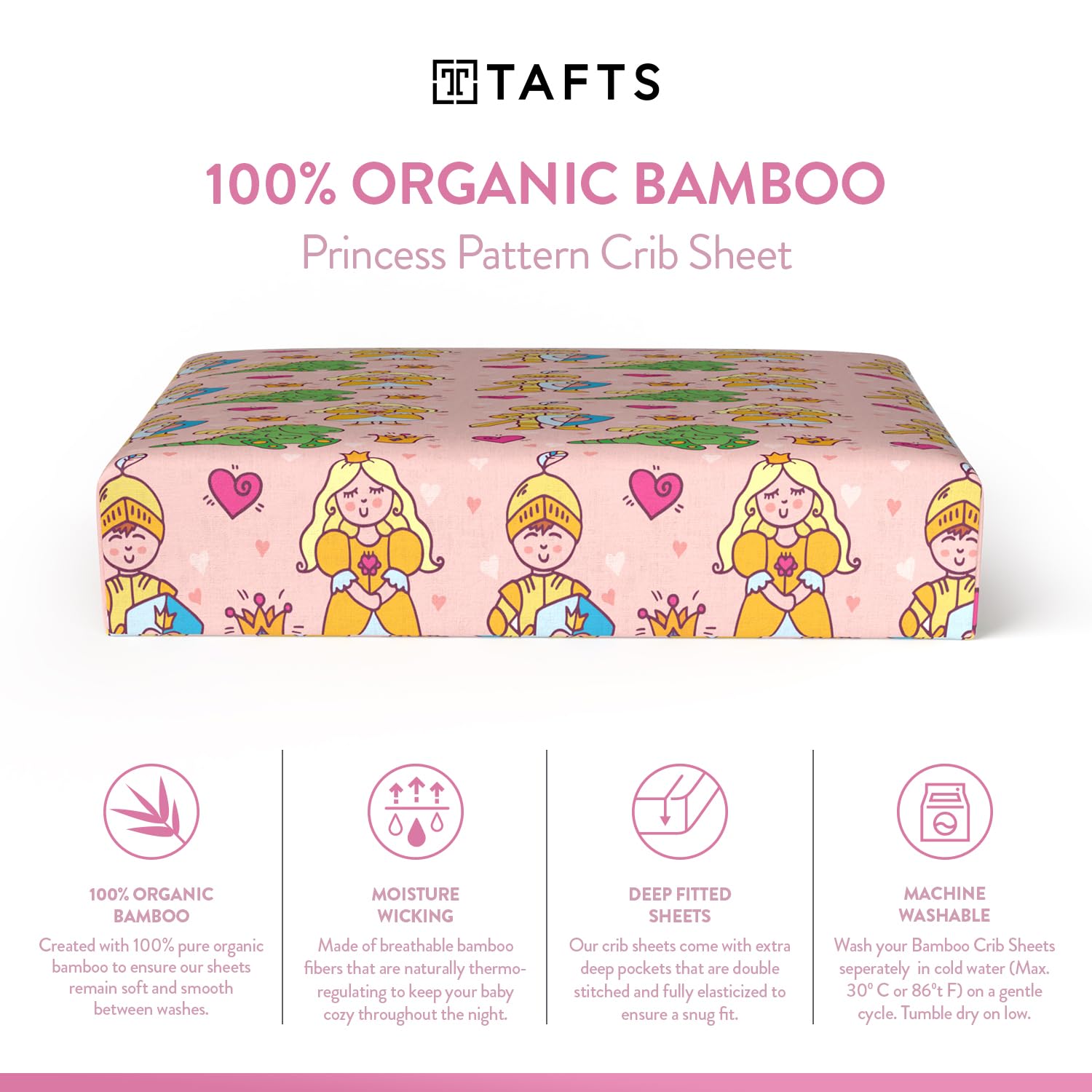 TAFTS Sábana de bambú para cuna ajustada, para niñas y niños y unisex, 100% bambú orgánico para colchón estándar de cuna y niño, súper suave, fresco, elástico de 360, (princesa de 28 x 52 pulgadas)