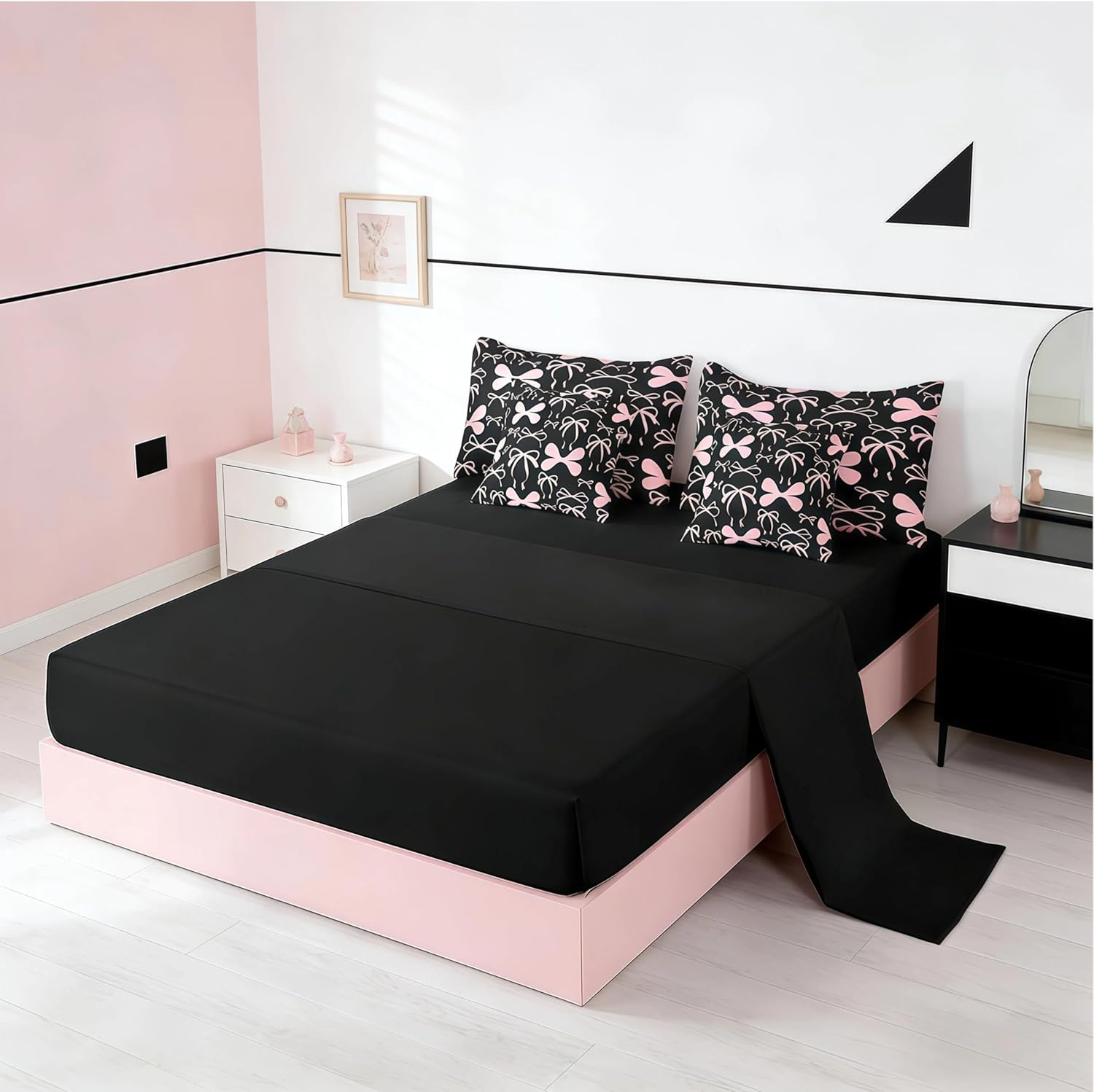 Feelyou Bow Bedding Set for All Season Boys Girls Full Size Black Pink Girls Bow 7 Pieces Comforter Sets Women Men Cute Bowknot Bed in a Bag with Comforter, Sheets, Pillowcases & Cushion Cover