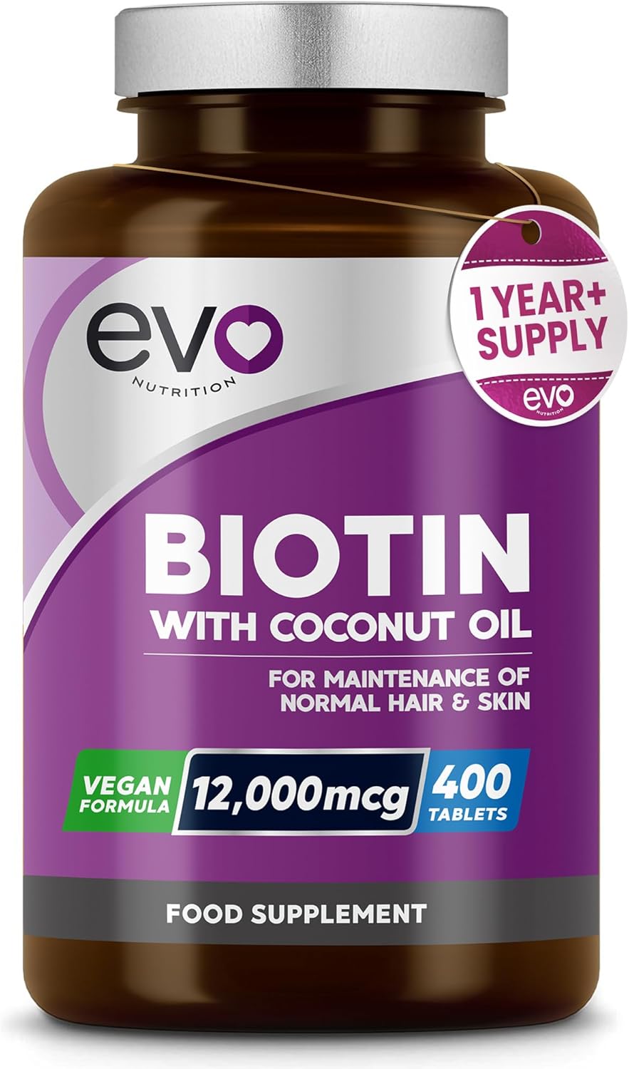 Biotin Hair Growth Supplement 12,000mcg with Coconut Oil | 400 High Strength Tablets for – 13 Month Supply Vitamin B7 Supports Normal Skin & Made in UK by EVO Nutrition