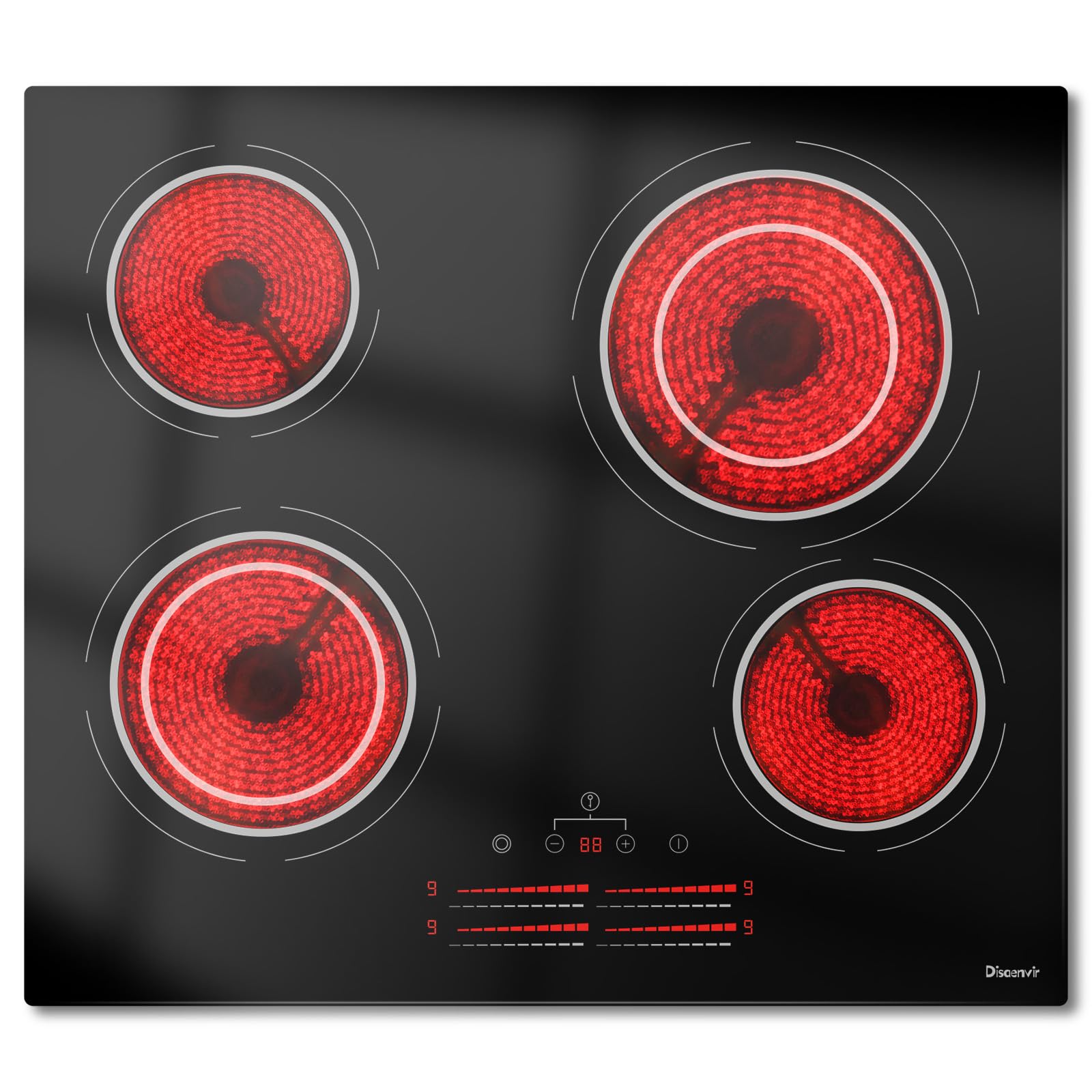 Placa Vitrocerámica 4 Fuegos 6600 W, Placa de Cocción con Zona de Expansión, Placa de Cocina Empotrable 60 cm, 9 Niveles de Potencia, Temporizador, Bloqueo para Niños, 220-240 V