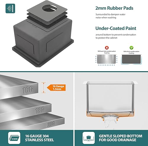 Miniatura 7 de Fregadero de barra de acero inoxidable de 14 x 19 pulgadas, fregadero de preparación de barra de cocina, estación de trabajo, calibre 16, cuenco