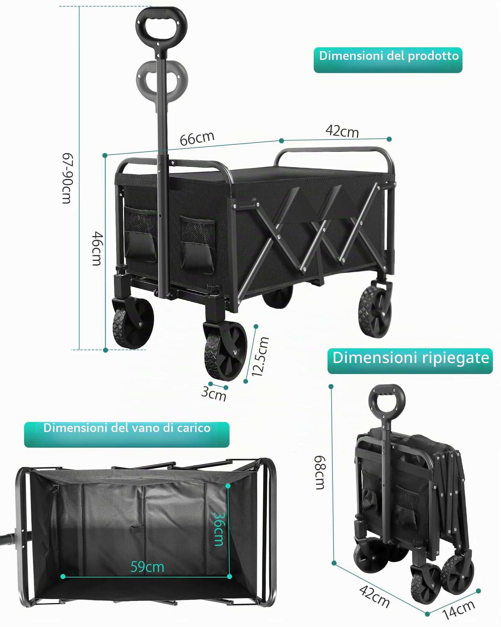 Carrello leggero pieghevole, manico regolabile, resistente, portabicchieri, portatile, compatto e salvaspazio, per campeggio, shopping, giardino, sport, spiaggia