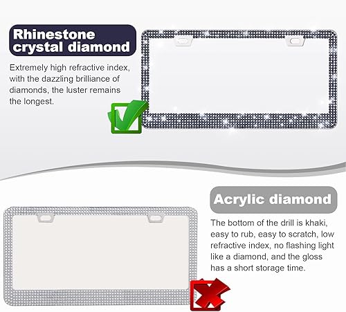 Vista 88 de Paquete de 2 marcos de matrícula brillantes para mujer, accesorios de automóvil con diamantes de imitación brillantes con tapas de cristal con Blanco
