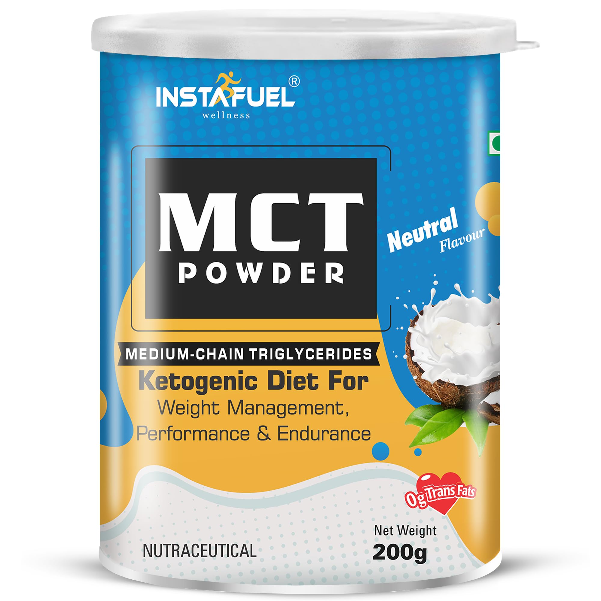 Instafuel MCT Oil Powder | 200g | Caprylic Acid(C8) 62-66%, Capric Acid (C10) 32-34% | Coconut Medium Chain Triglycerides, Neutral Flavour, Keto Diet Sports, Non GMO, Gluten Free