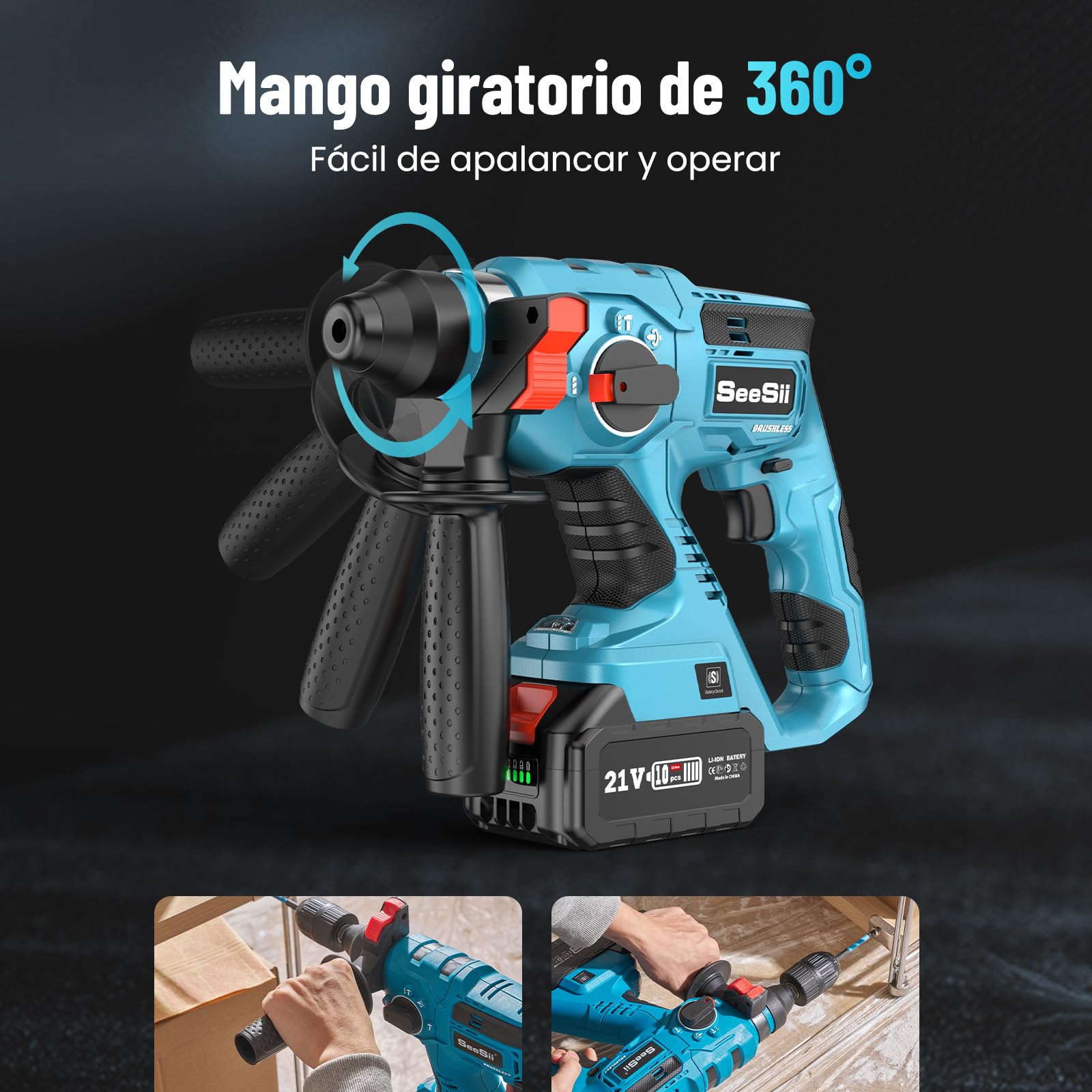 Seesii 4-in-1 Martillo Perforador a Bateria: SDS-plus, 2 x 4.0Ah Baterías, Motor sin Escobillas, 2.1J Juego de Martillo Percutor, en Renovaciones Domésticas y Para Aficionados al Bricolaje