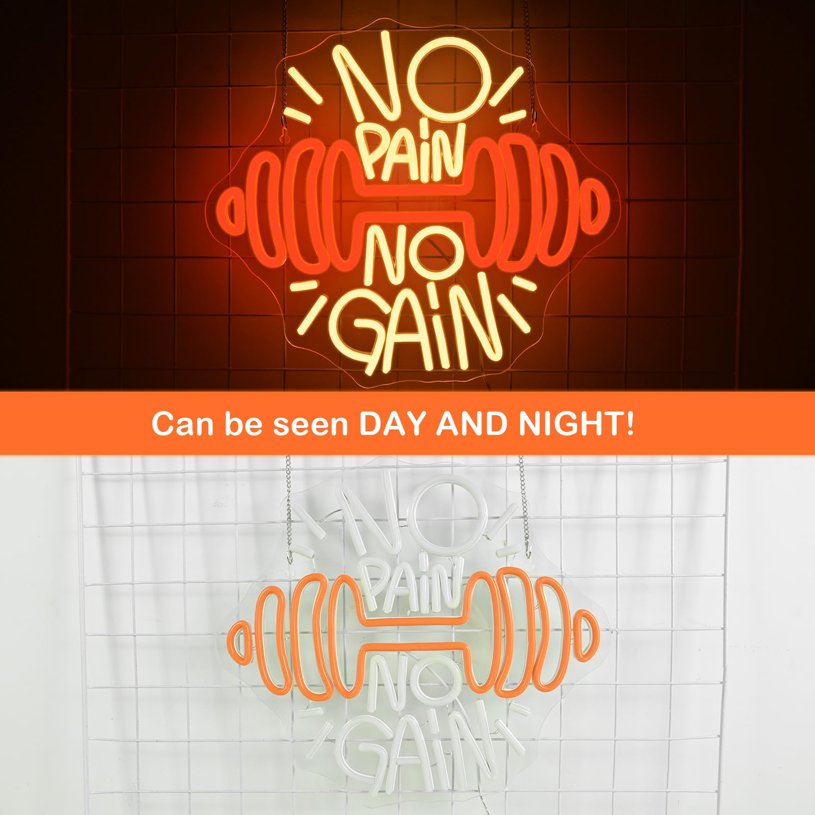 ineonlife No Pain No Gain Gym Neon Led, Mancuernas Luces Neon Naranjas Regulables para Decoración de Pared, Tira Led Neons para Estadio,Gimnasio,Sala de Entrenamiento