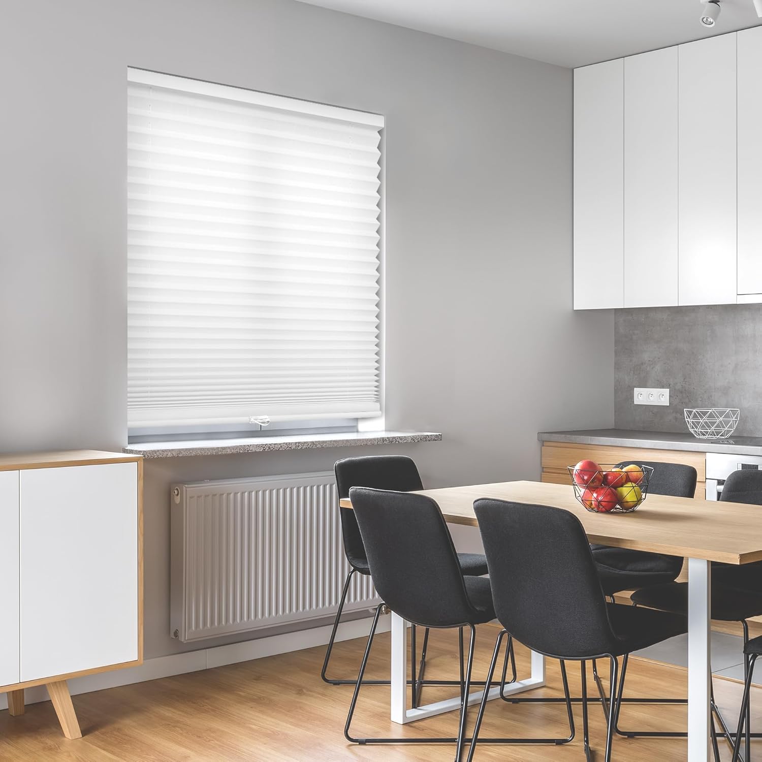 DEZ FURNISHINGS EZ Stick No Drill No Tools Cordless 1" Light Filtering Pleated Shade, 34" W x 60" H, White White 34"W x 60"H