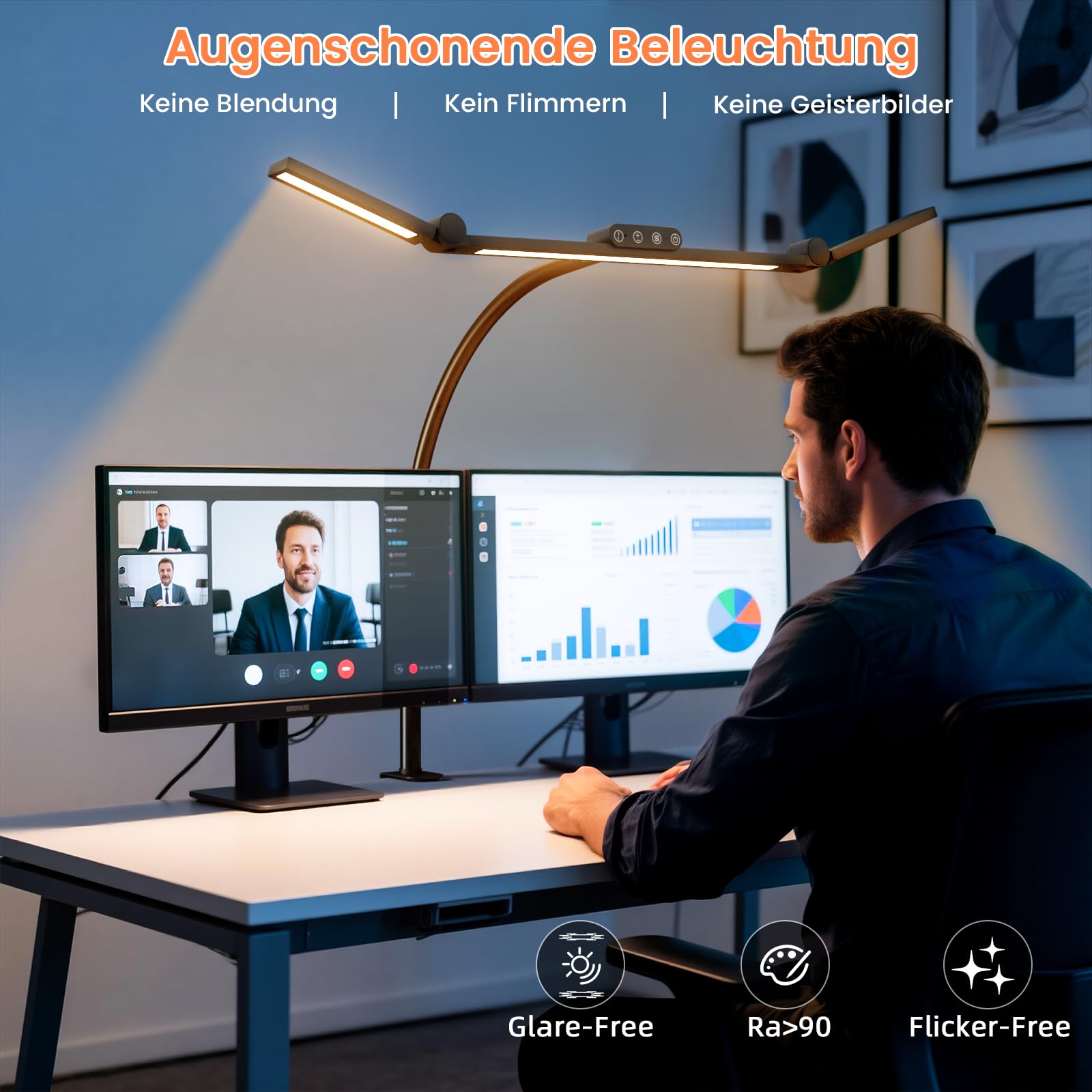 TYEE Schreibtischlampe LED Dimmbar, 24W 3-Lichtbalken LED Schreibtischlampe für Homeoffice, 1500LM Augenschutz Tageslichtlampe mit Fernbedienungen, 5 Farb 5 Helligkeit Büro Tischlampe