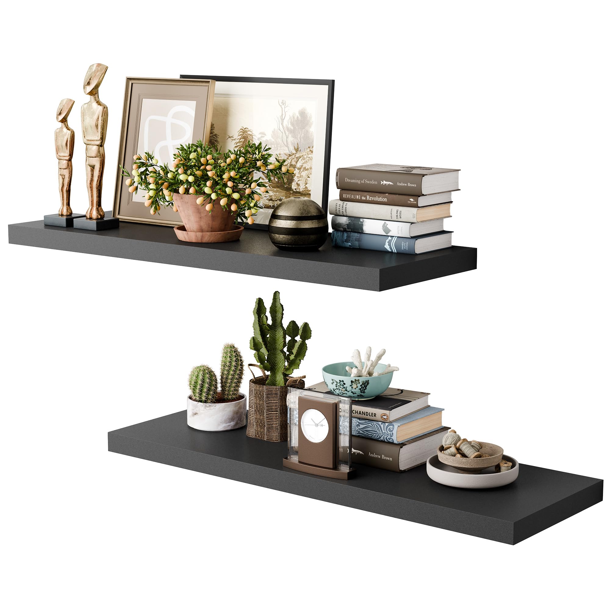 Sumbame 36 Inch Long Floating Shelves for Wall, Black 12 Inch Deep Floating Shelves Set of 2, Wall Shelves for Bathroom Over Toilet, Live Edge Display