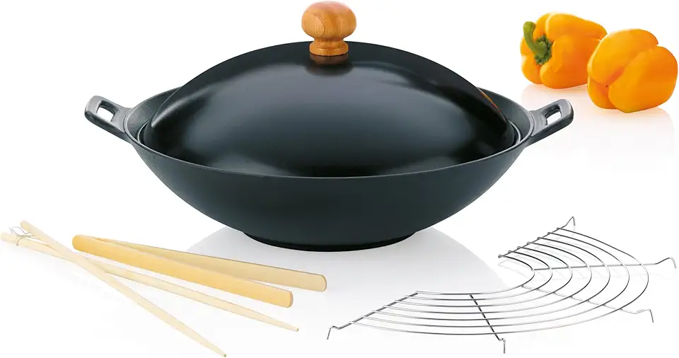 Cuisine asiatique maison 2026 : 50 indispensables wok, ramen, sushi kela Poêle à wok en fonte avec couvercle 36 cm ASIA, avec grille d'étuvage, baguettes, pin