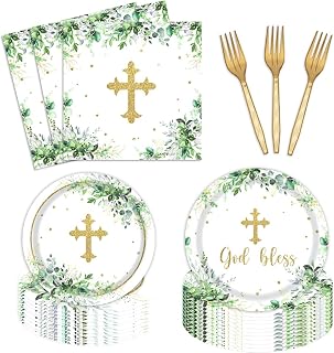 Greenery God Bless Paper Plates and Napkins, 96 Pcs Baptism Tableware Set Include Mi Bautizo Disposable Plates Napkins Forks for Eucalyptus Leaves Party Supplies Serve 24 Guests