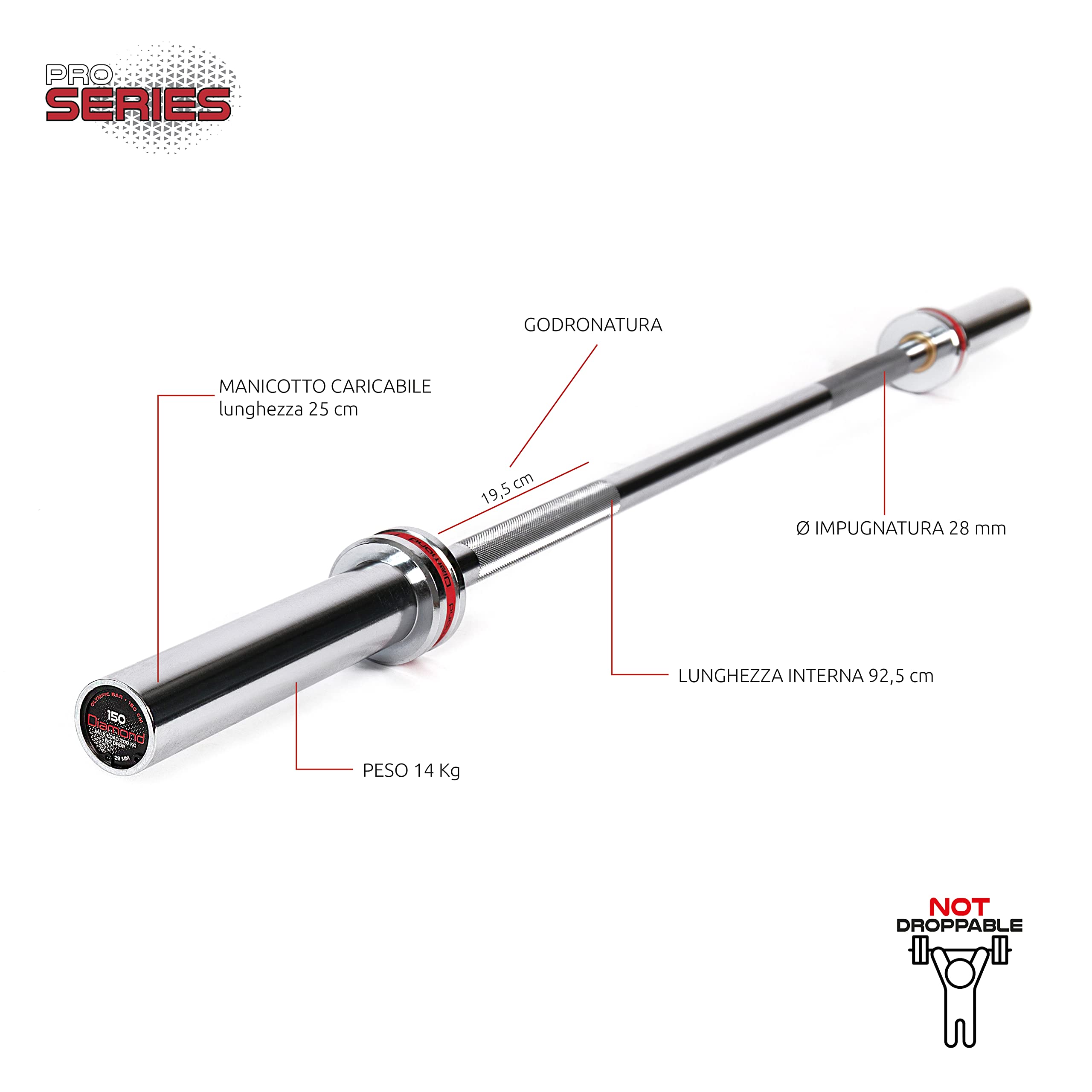 Bilanciere Olimpico 150 cm - carico max 200 Kg - molle incluse - 14 Kg Diamond