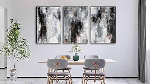 Miniatura 4 de Arte de pared abstracto enmarcado grande, pintura rústica para decoración de pared en escala de grises de 16 x 24 pulgadas, juego de 3 impresiones