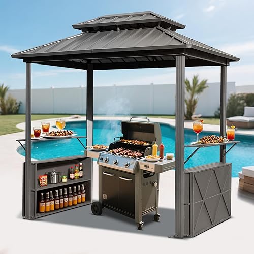 8' x 6' Grill Gazebo with Storage Cabinets, Double Galvanized Steel Roof, Outdoor Permanent Hardtop Metal BBQ Gazebo with Side Shelves Ceiling Hook for Patio Garden Deck Lawn Backyard (Black)