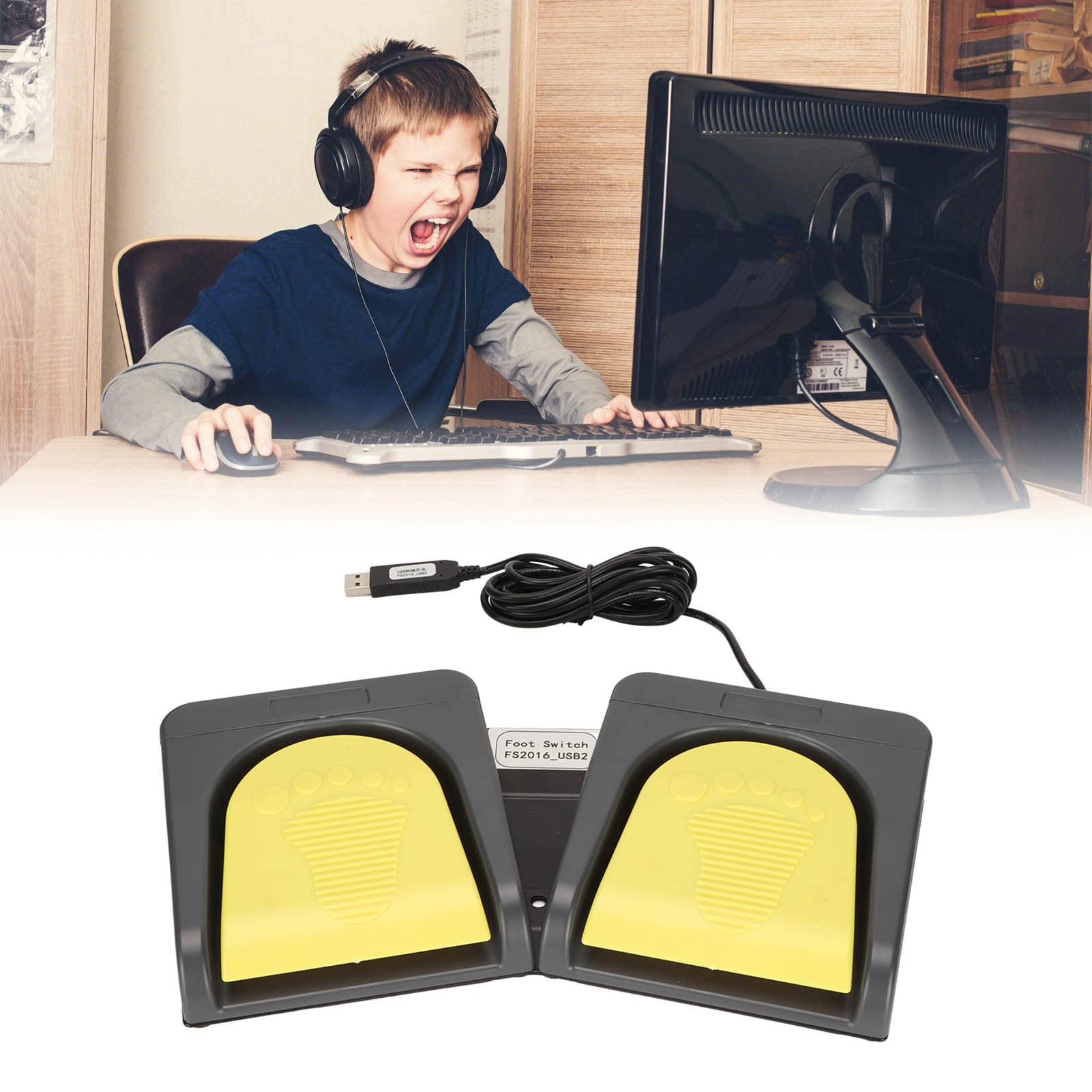Elprico Pedal de Pie USB, Interruptor de Pie Doble Interruptores Mecánicos de Dos Pedales Controlador Midi Interruptor de Pie Doble USB Programable