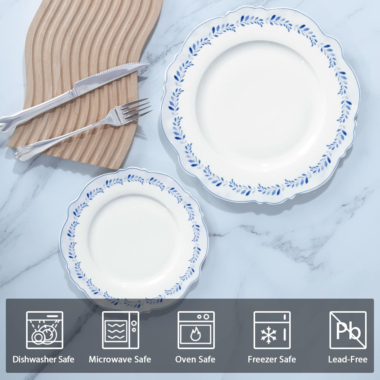 fanquare Lot de 4 Assiette Plate en Porcelaine, Motif Feuilles Bleues, Service de Assiettes Ø 27 cm Assiette Petit déjeuner Assiette Plate Service