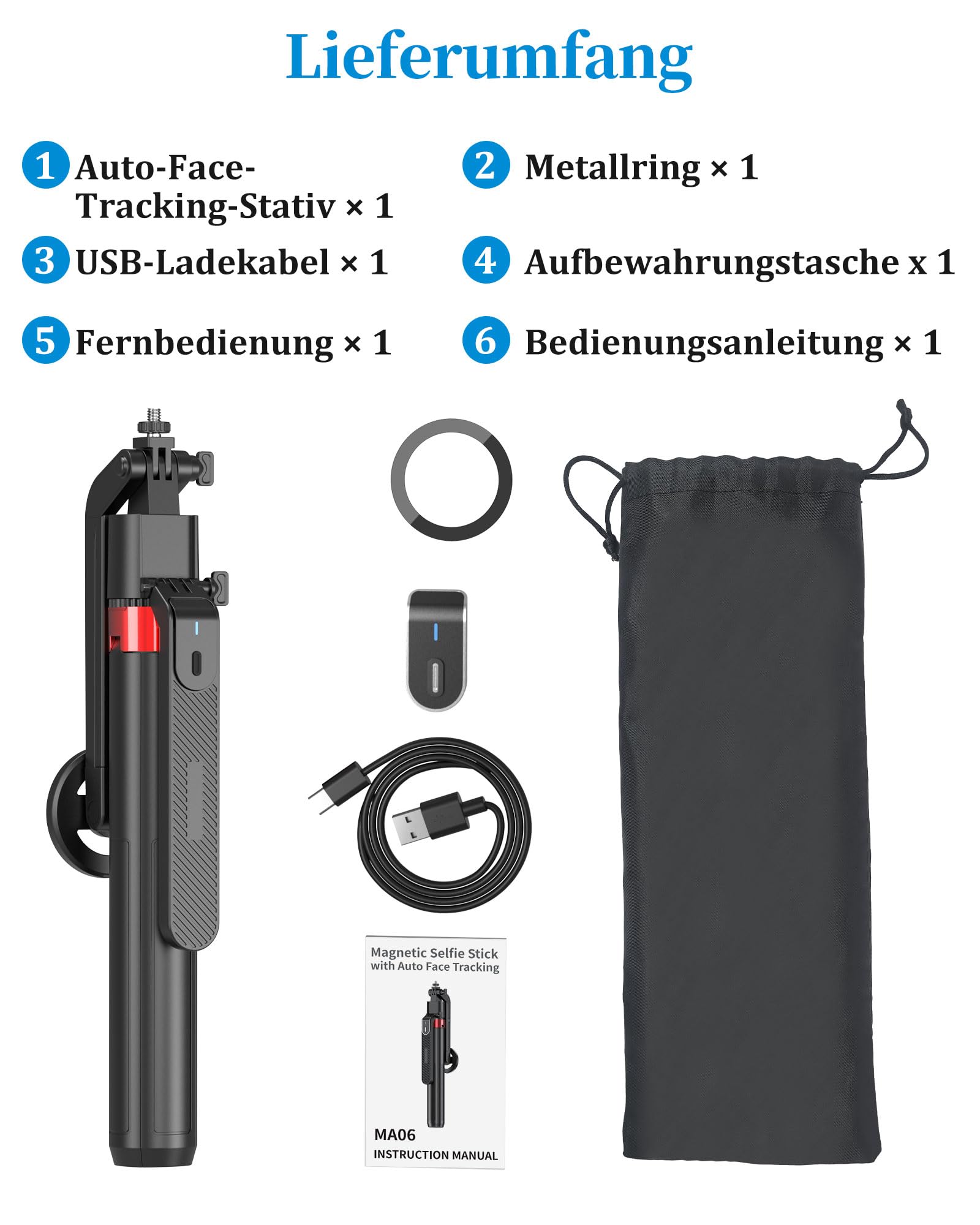 PlusAcc 184cm Auto Face Tracking Stativ Magnetischer Selfie Stick 360° Drehung Halter mit Fernbedienung kompatibel Magsafe Smartphone Videoaufnahmen Vlogging TikTok