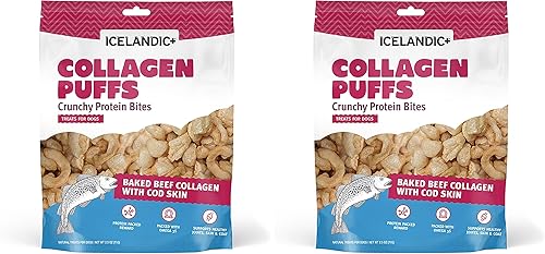 Icelandic+ Colágeno Puffs Colágeno de carne al horno con piel de bacalao, 2.5 onzas, golosinas para perros medianos y grandes, bocadillos crujientes
