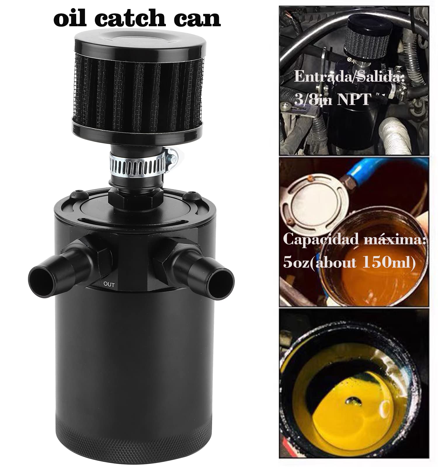 Aluminio Racing Oil Catch Tank Depósito con deflector Accesorio para motor de coche 3/8in Depósito de aceite Catch Can Tank Depósito con deflector de 2 puertos con válvula de drenaje Cilindro universa