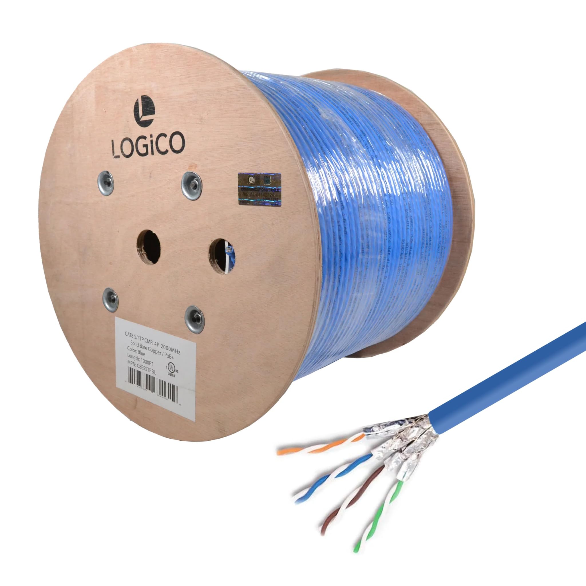 LOGICO Best 1000ft Cat8 Ethernet Network Cable 22AWG S/FTP CMR 2Ghz Bare Copper Wire Blue
