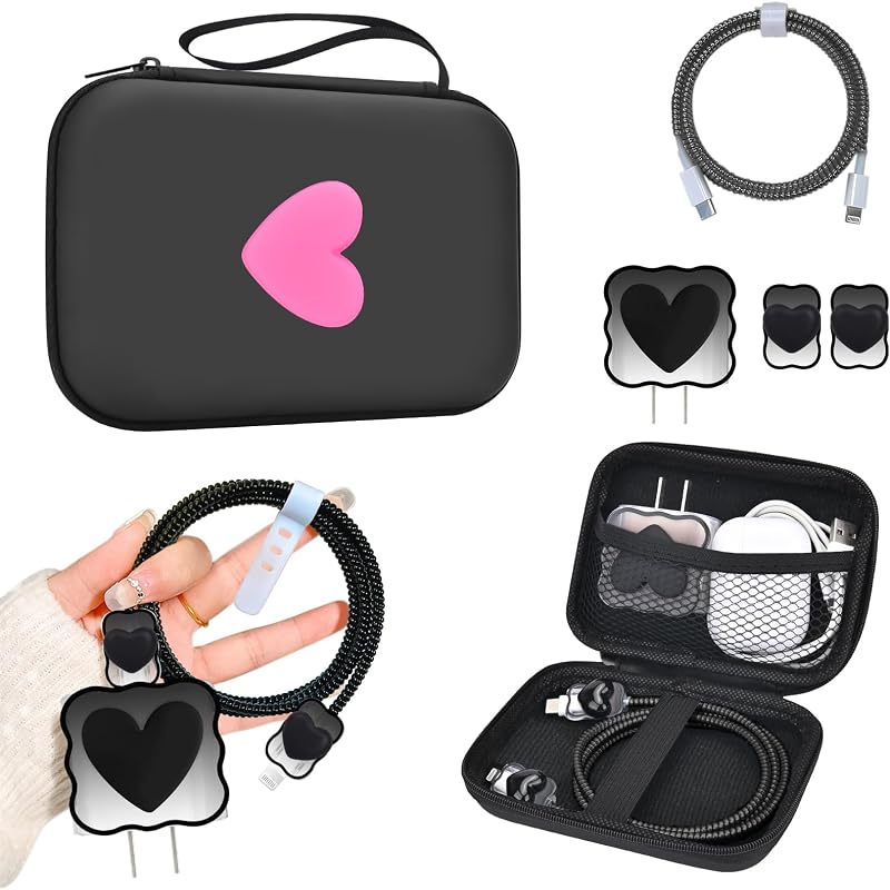 CameCosy DIY Phone Charger Case Storage Sets Cable Protector USB-C Earphone Wire Saver with Hot Pink Love Travel Storage Bag, Cute Cable Charger Protector Cord Organizer for iPhone (Black Love Heart)