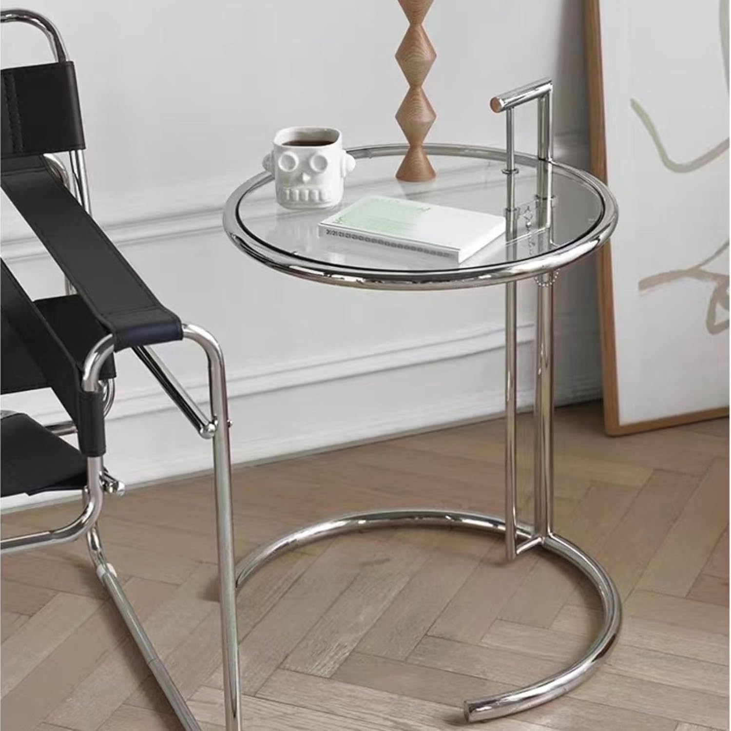 Round Glass Side Table, Stainless Steel Side End Table, Round Snack Side Table, Nightstand with Tempered Glass Top, C-Shaped Side Table for Couch,Living Room,Bedroom,Clear