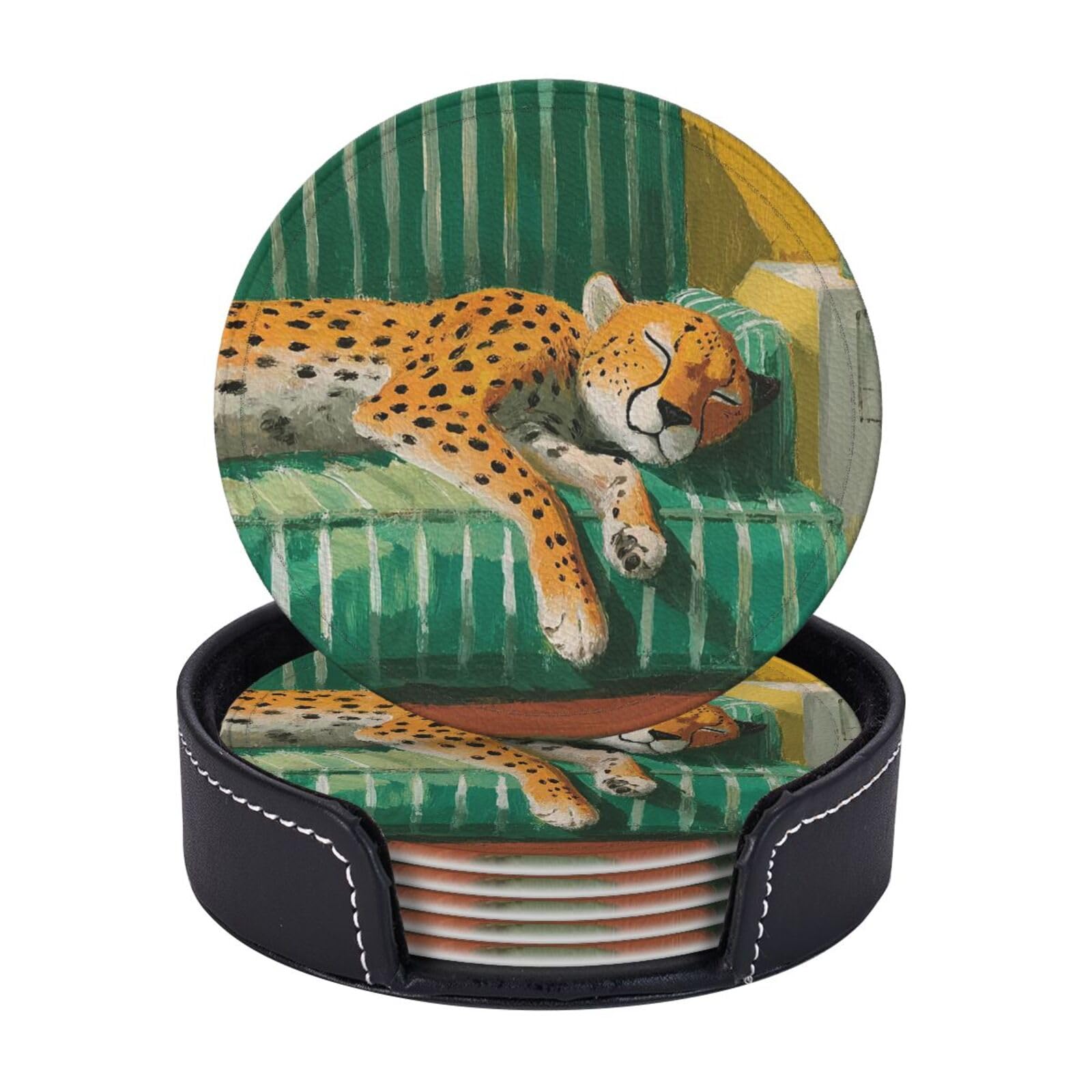 Drink Coasters 6 PCS Round Leather Coaster Retro Leopard Coasters for Drinks Non-Slip Mugs Pads with Holder Personalized Cups Pad Mat for Coffee Table Kitchen 10 CM