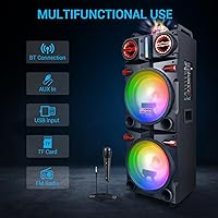 Vista 3 de Altavoz Bluetooth inalámbrico portátil para fiestas con subwoofer dual de 10 pulgadas, sistema PA recargable de 80 W con graves/agudos, micrófono