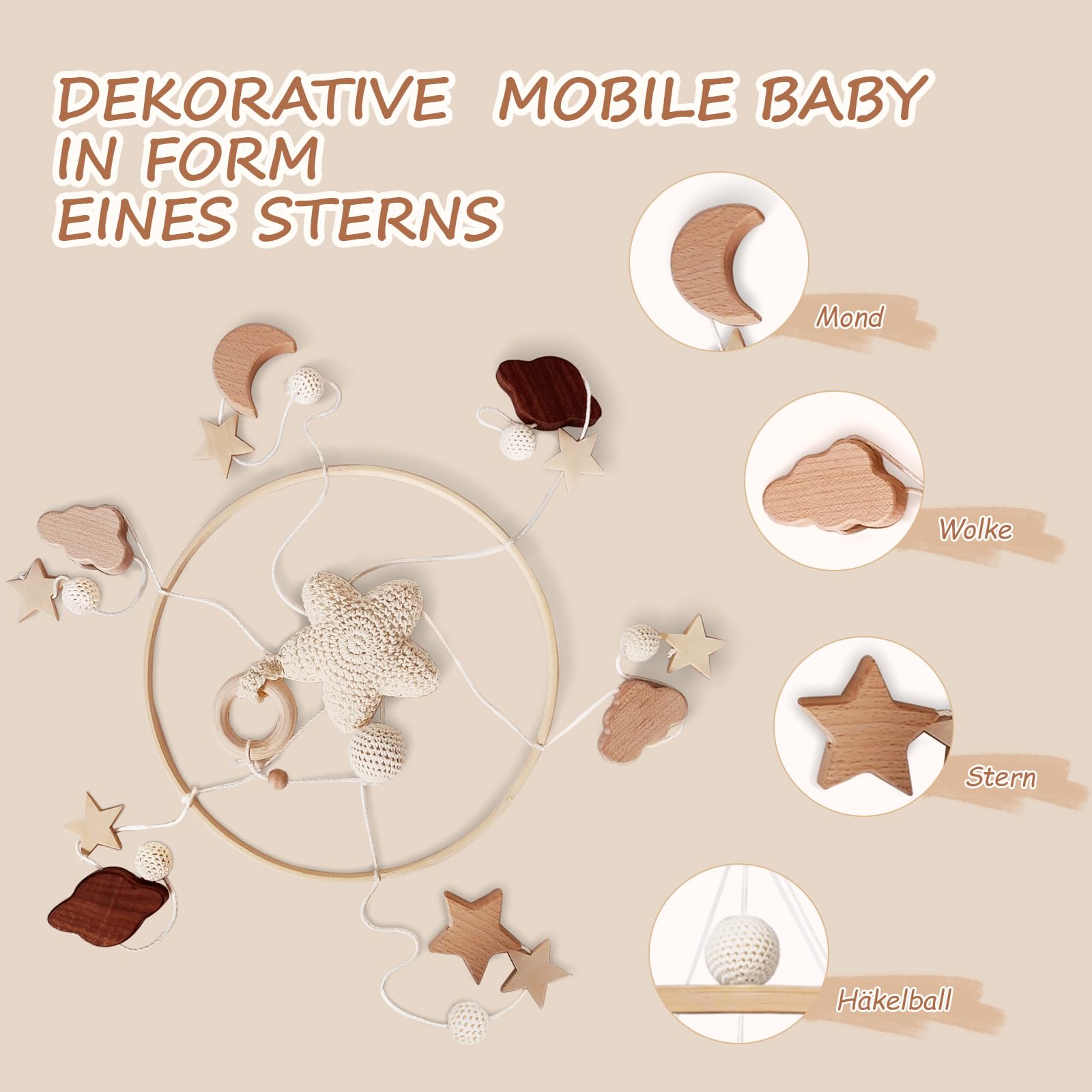 SWECOMZE Mobile Baby Bettglocke mit Sterne Hölz Mädchen Hängende Mobile Windspiel für Babybett Kinderbett