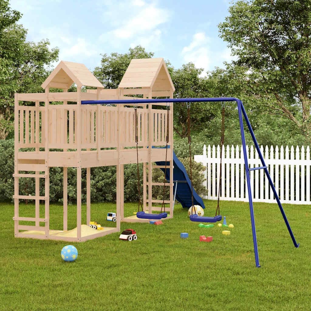 Outdoor Playset Pine Solid Wood Large Durable Structure with Wavy Slide and Two Swings for Backyard Fun and Active Playtime