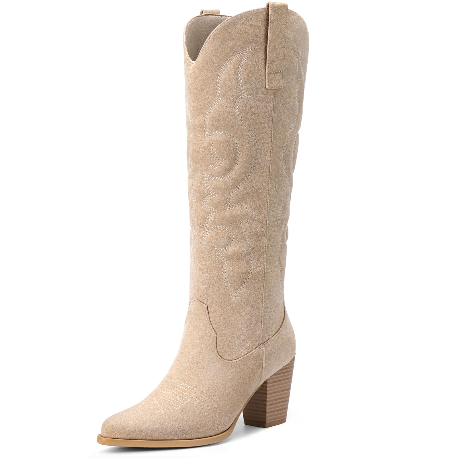 Pasuot Suede Cowboy Boots for Women - Western Knee High Cowgirl Boots with Side Zipper, Retro Pointed Toe Tall Block Heel Pull On Long Boot for Ladies