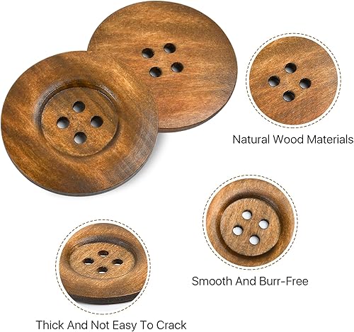 Miniatura 3 de Aemygo 50 botones de madera grandes de 2.36 pulgadas, 4 agujeros, botón de costura redondo de tamaño grande, botones de madera natural de 2.36