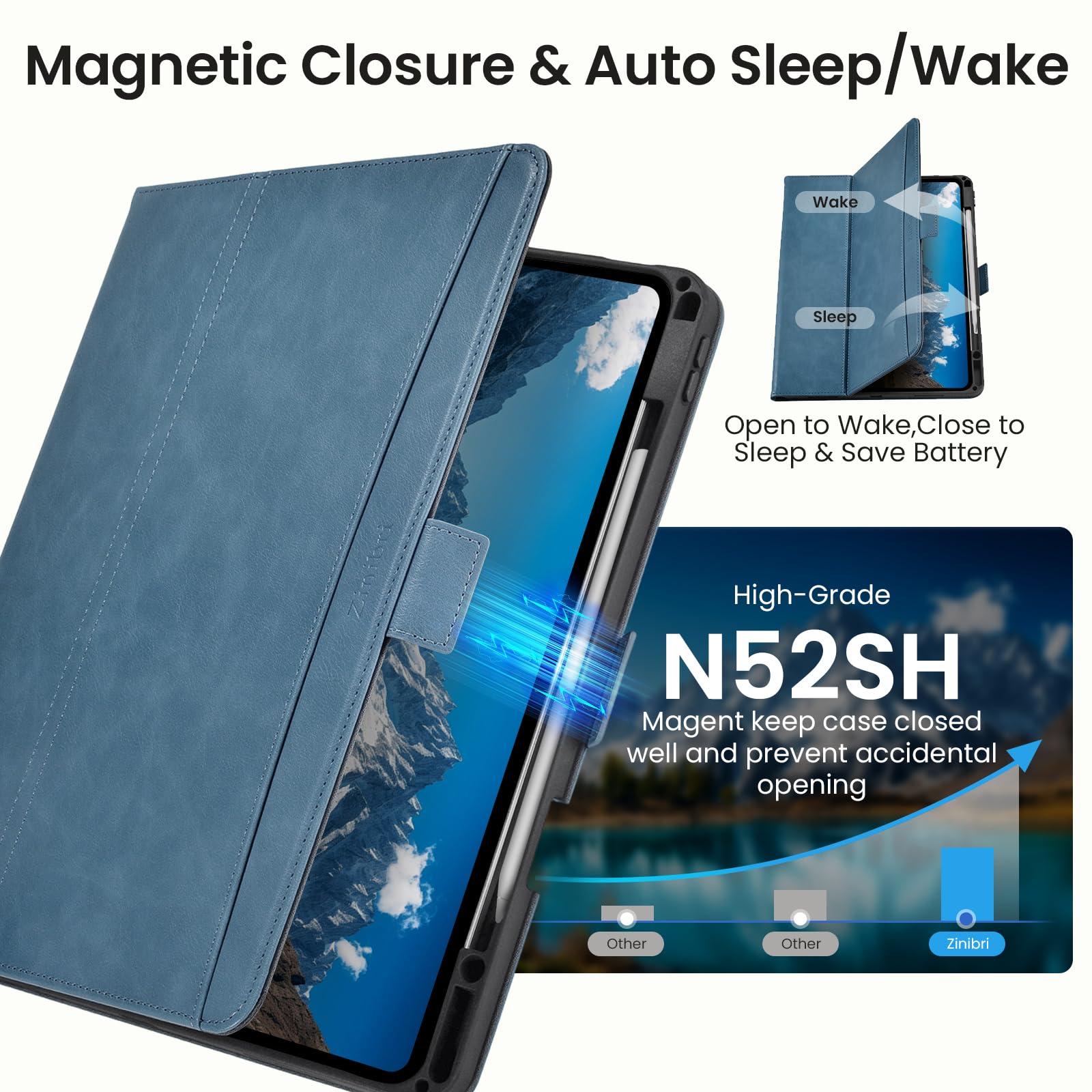 Custodia Cover per iPad Air 13 Pollici M4/M3/M2 (2026/2025/2024) con Portapenna & Cinghie & Tasca,Multi Angolo Supporto,Chiusura Magnetica,Pelle PU,Auto Sveglia/Sonno,Azzurro Chiaro