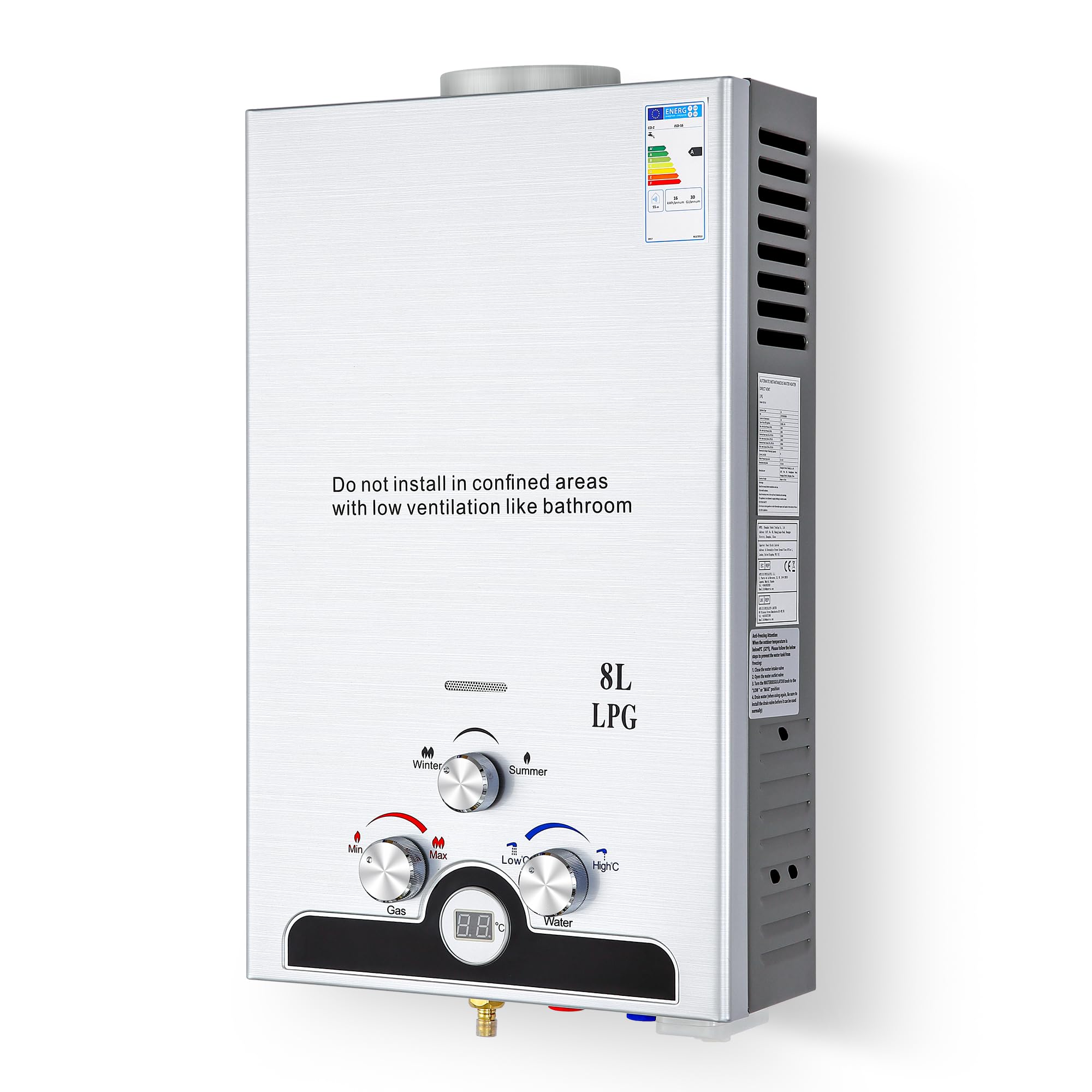 VONLUCE Chauffe-Eau Gaz Instantané 8L/min 13,6kW GPL - Portable pour Camping/Caravane, Modes Hiver/Été, Température Réglable 27-68°C, Certifié CE (Butane/Propane)