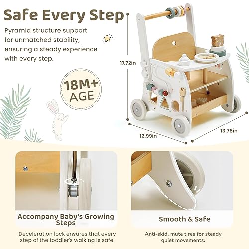 Miniatura 6 de labebe Andador de madera para bebé, cochecito de muñeca para bebé, caminador de actividades para niños de 18 meses o más, aprendizaje de velocidad