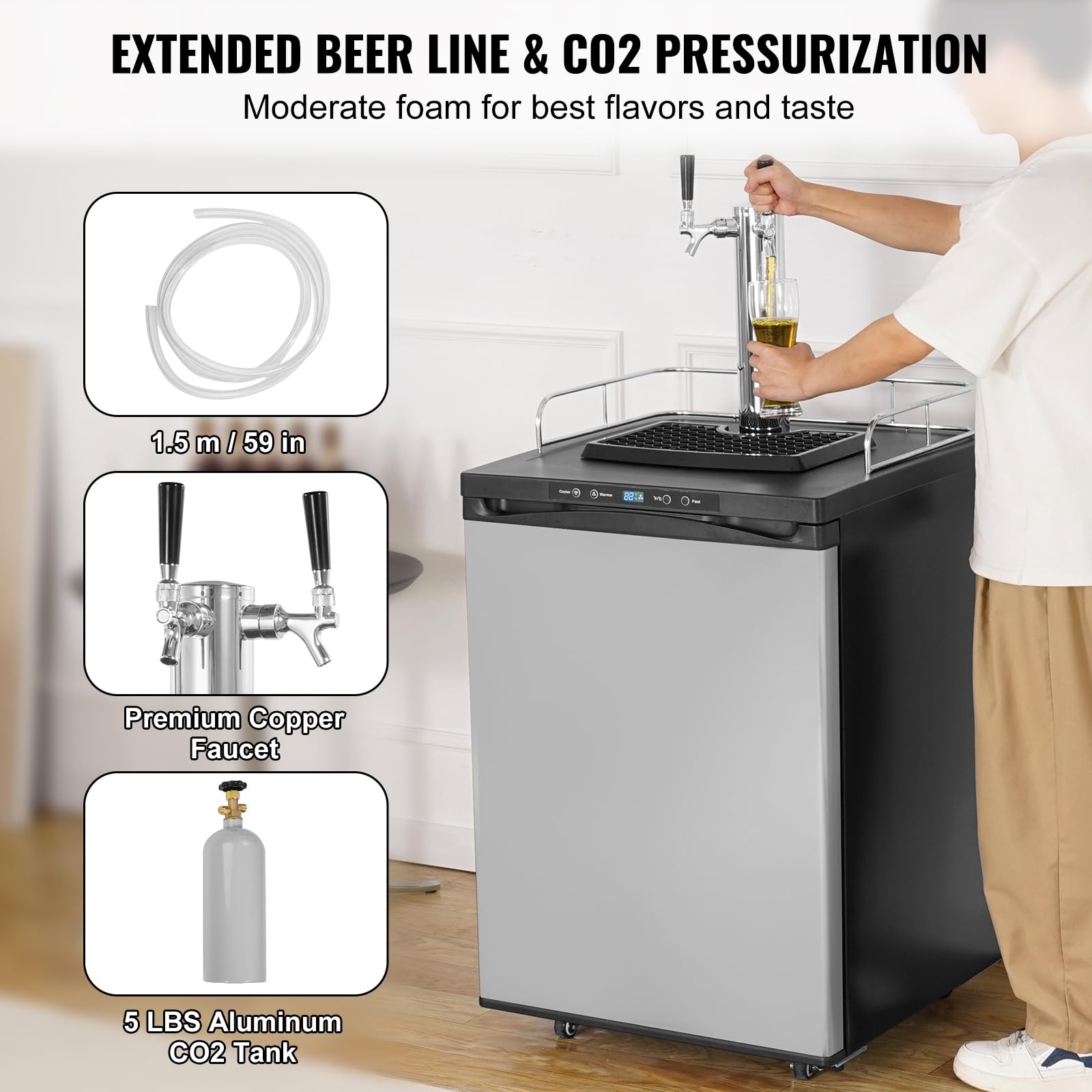 Happybuy Beer Kegerator, 162l Dual Tap Draft Beer Dispenser, Full Size Keg Refrigerator With Co2 Tank, Drip Tray, Temperature Control, Silver on Fridge.com - View 4