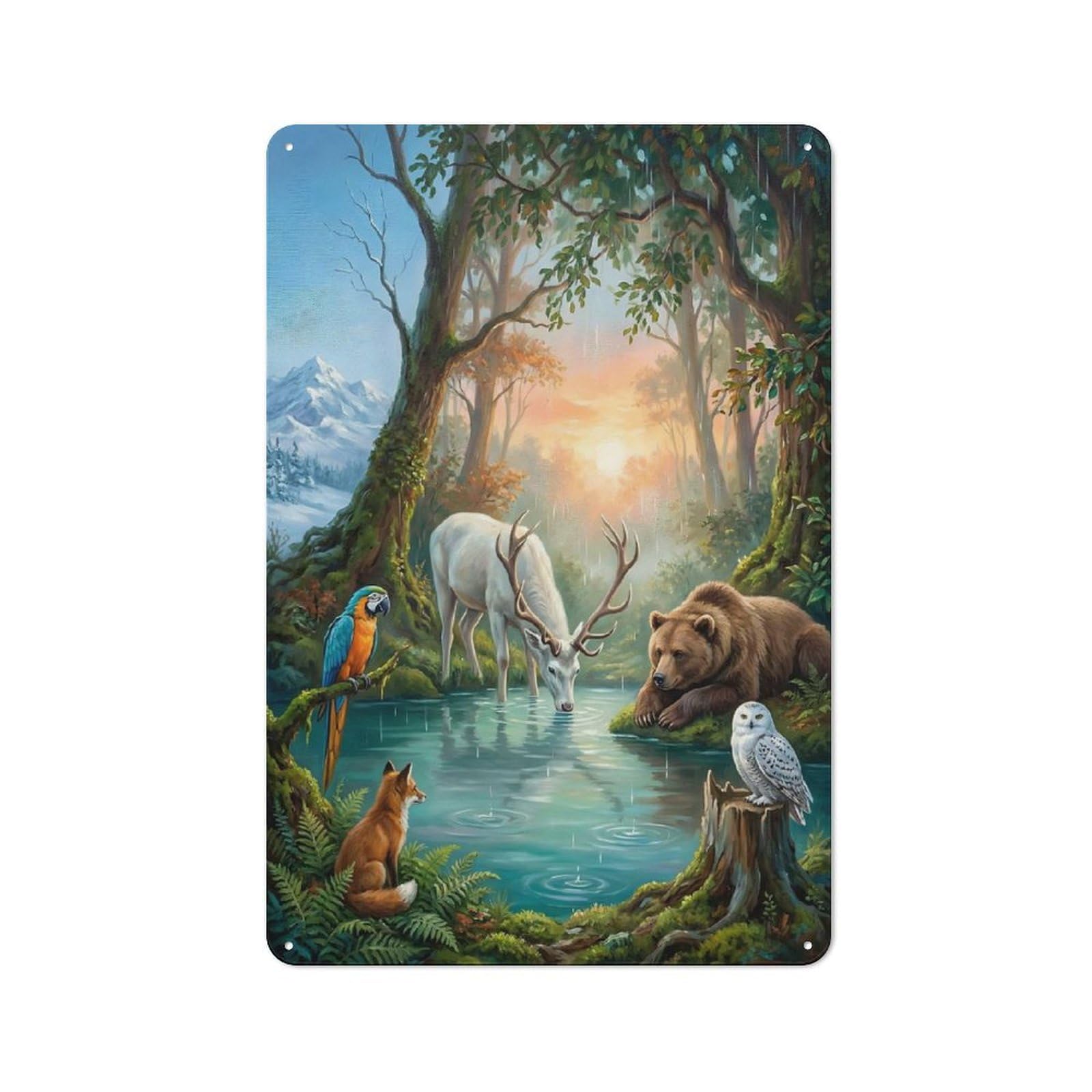 Junmoney Style-8 Workshop Style Enchanted Forest Animals By A Lake Tin Sign 30X20cm, Workshop Wall Decor For Tool Room, Garage, Studio Or Home Bar