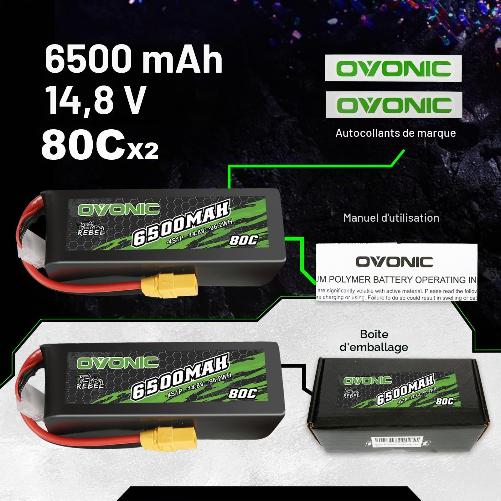 OVONIC Lot de 2 batteries Lipo 4S 6500 mAh 80 C 14,8 V avec prise XT90 pour voiture RC Truggy Buggy RC Hobby