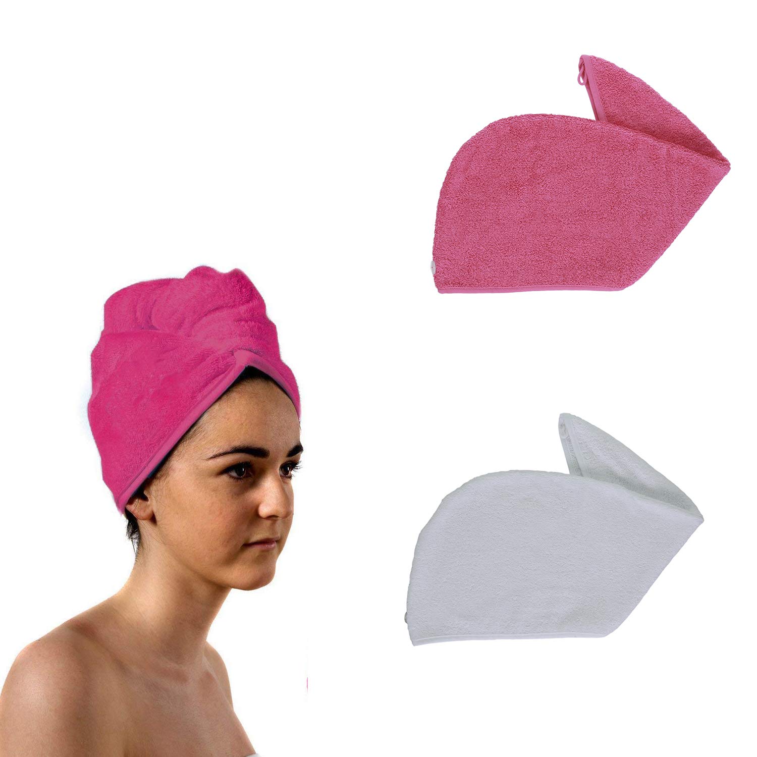 aztex Set of 2 Hair Turban Towels, Head Wrap Towel, Hair Drying Towel with Loop and Button Fastener, Absorbent and Lightweight Cotton, 64 x 23cm - 1 x Pink, 1 x White